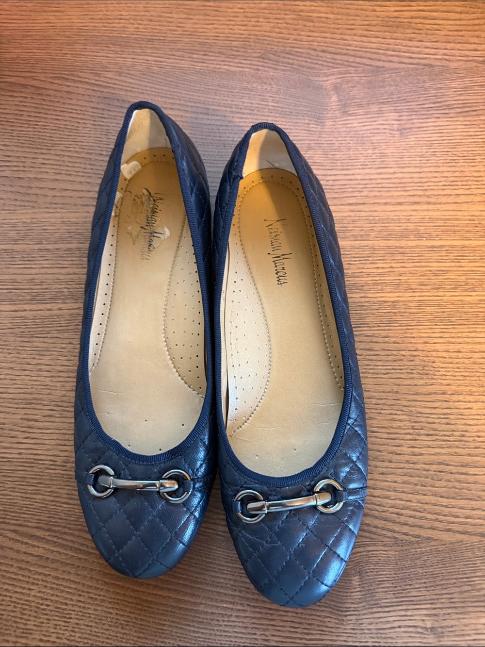 Neiman Marcus Quilted Navy Loafers with Metal Bit